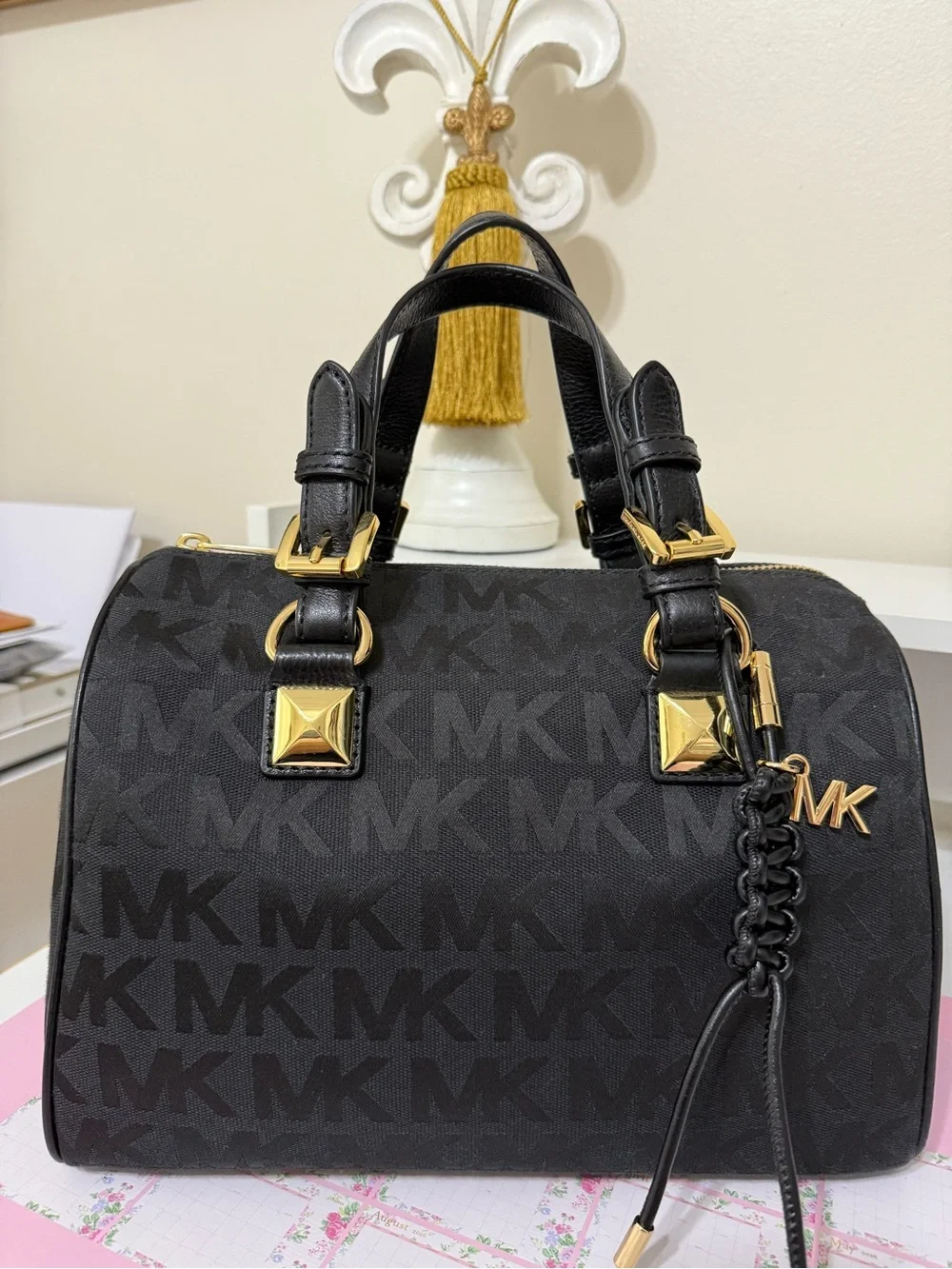 Michael Kors Logo-Print Handbag With Leather Handles And Leather Bag Charm.